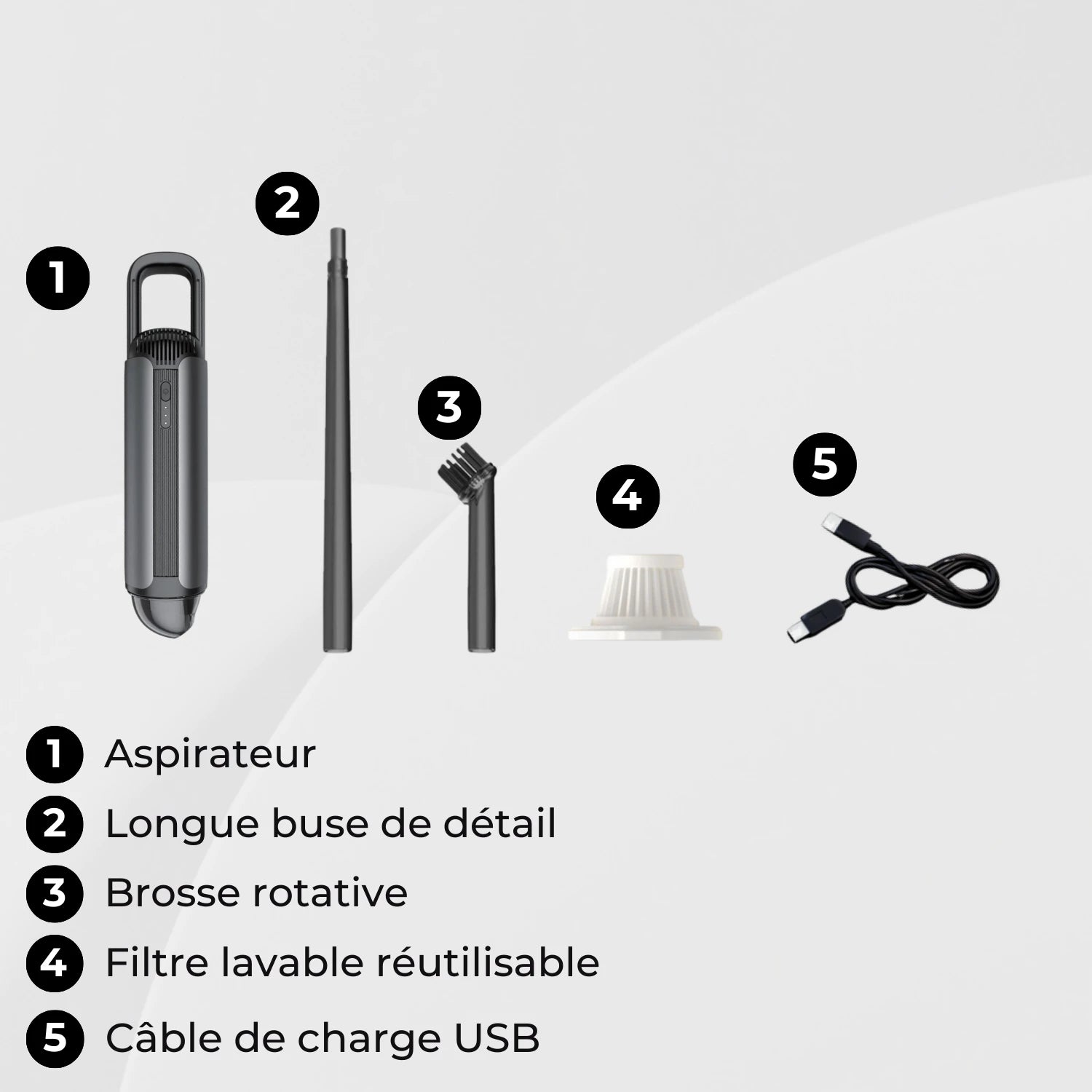 aspirateur de voiture sans fil accessoires fournis ZapLite