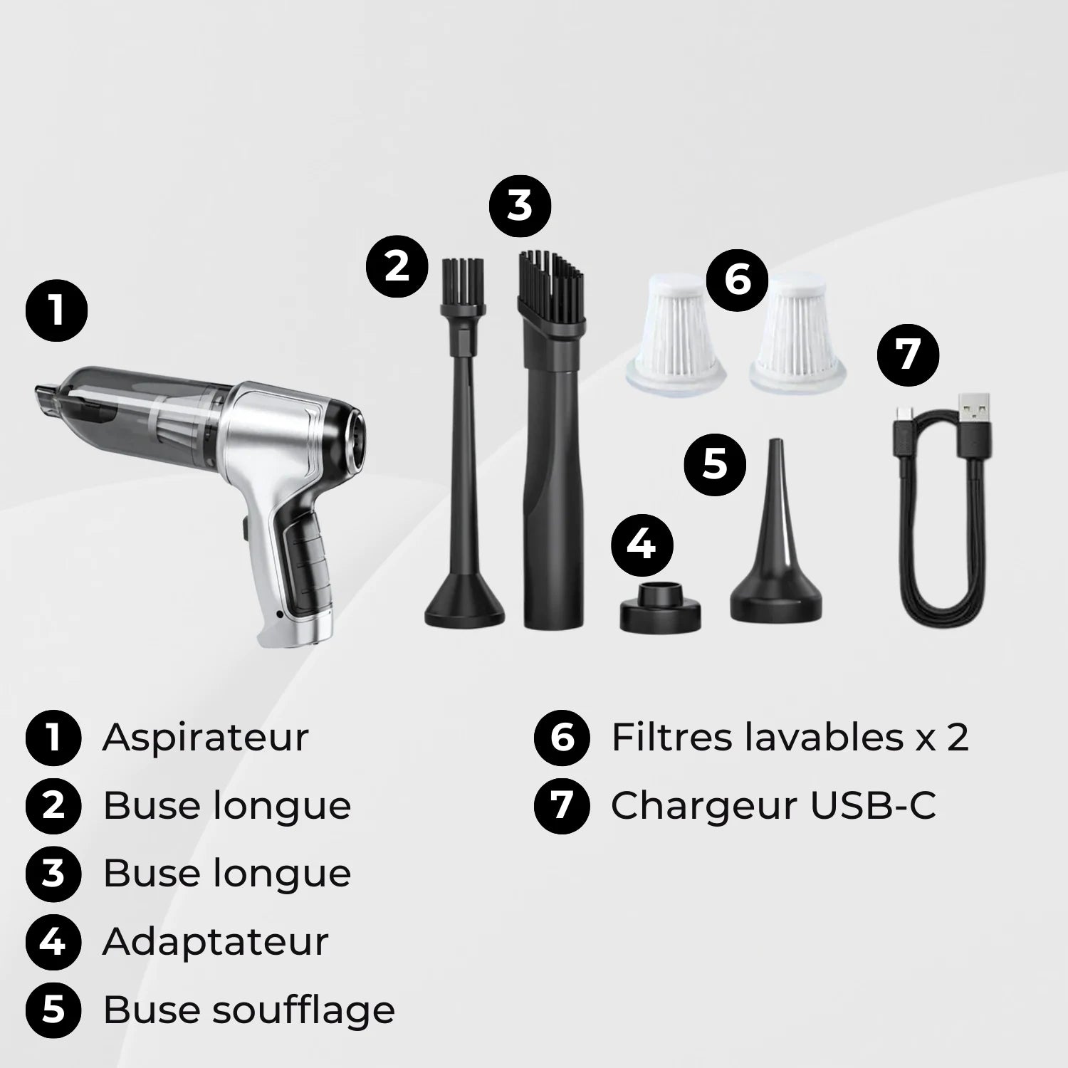 aspirateur voiture puissant accessoires fournis Squall