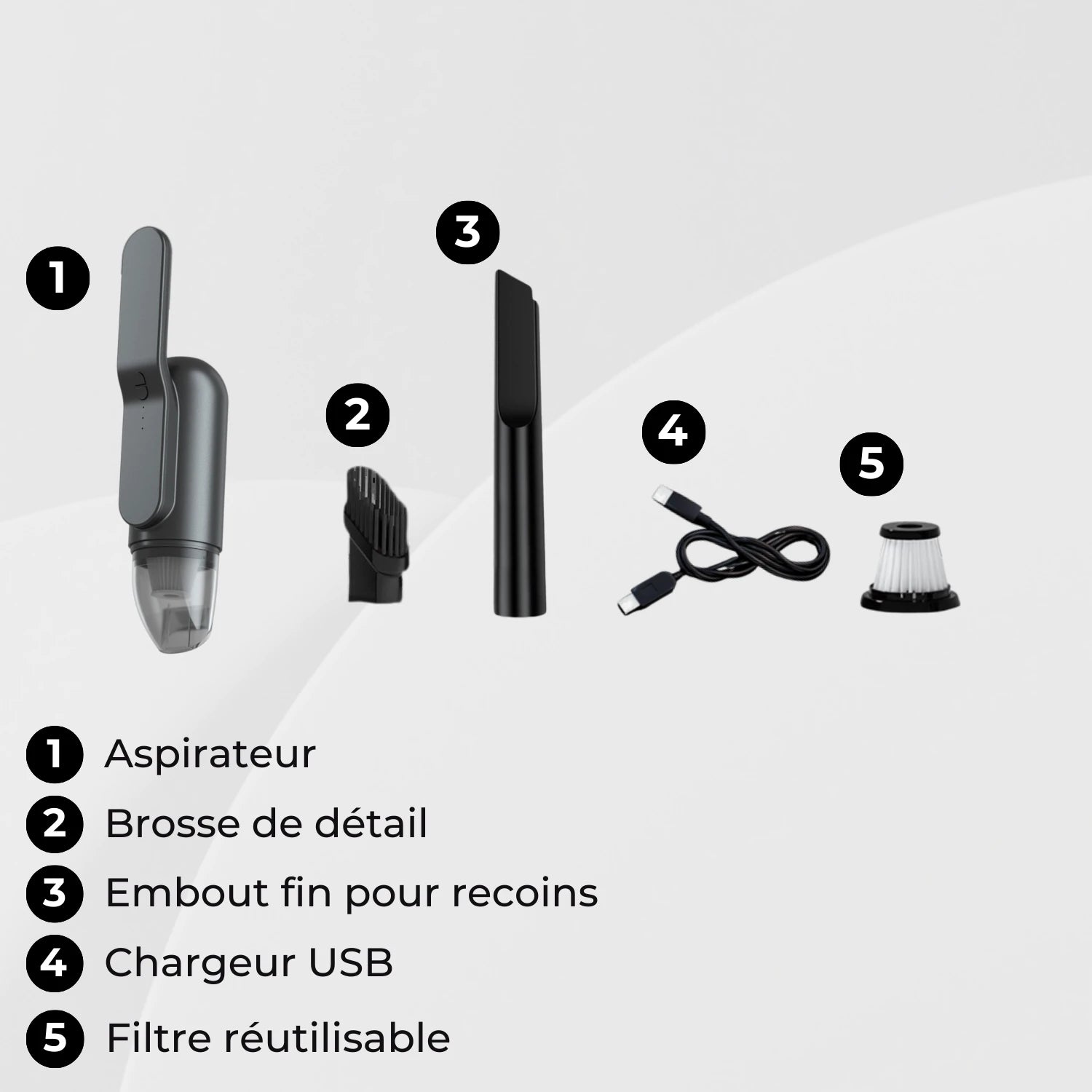 aspirateur voiture sans fil accessoires fournis Claryo